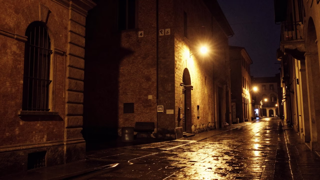 Nighttime Bologna Street Scene with Stone Architecture and Local Dining in in Bologna, Italy