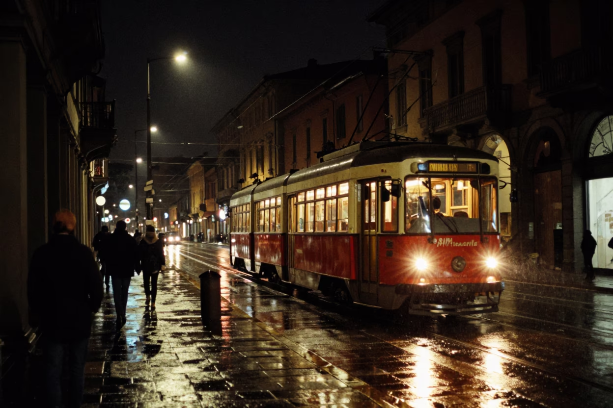 Nighttime Bologna Street Scene with Tramcar Reflection on Wet Cobblestones in in Bologna, Italy