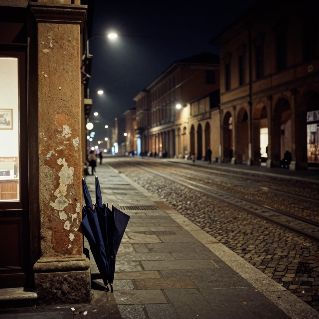 Nighttime Bologna Street Scene with Umbrellas and Funicular in Background in in Bologna, Italy