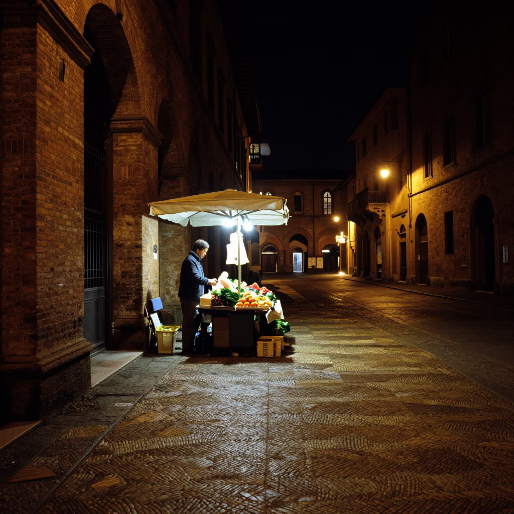 Nighttime Bologna Street Scene with Woven Cane Texture and Local Details in in Bologna, Italy