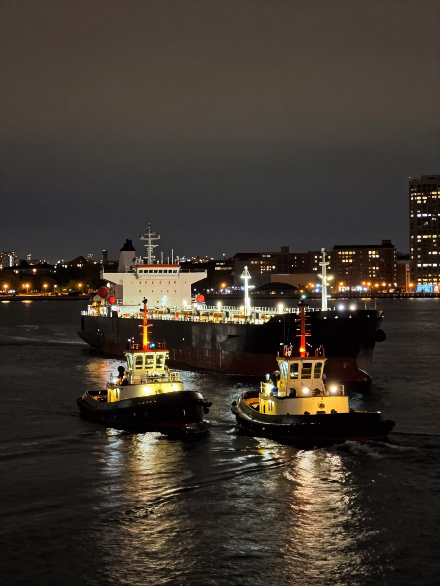 Nighttime Boston Harbor Tugboats Guiding Tanker Ship Illuminated by City Lights in in Boston, Massachusetts, United States