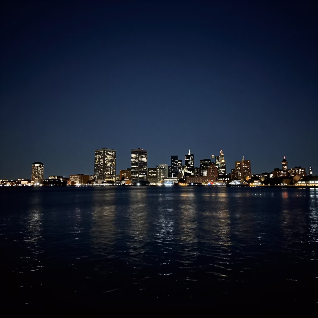 Nighttime Boston Harbor View with Distant Lights and Urban Skyline in in Boston, Massachusetts, United States