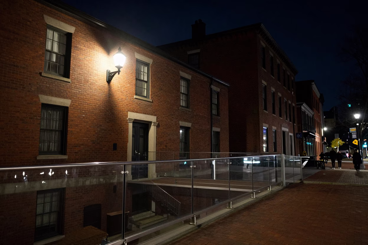 Nighttime Boston Street Scene with Clear Glass Rail and Light Pooling on Workbench Edge in in Boston, Massachusetts, United States