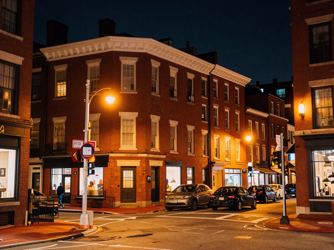 Nighttime Boston Street Scene with Red Brick Architecture and Wet Pavement Reflections in in Boston, Massachusetts, United States