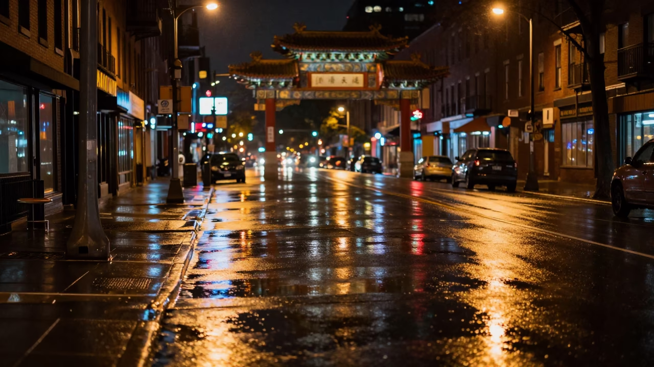 Nighttime Boston Street Scene with Reflective Puddles and Urban Architecture in in Boston, Massachusetts, United States