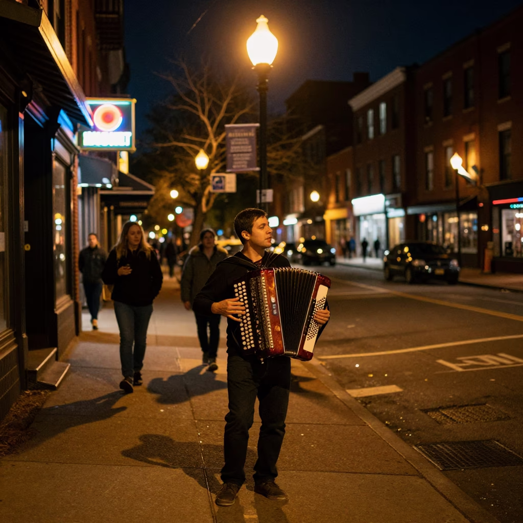 Nighttime Boston Street Scene with Vintage Accordion Player and Urban Lights in in Boston, Massachusetts, United States
