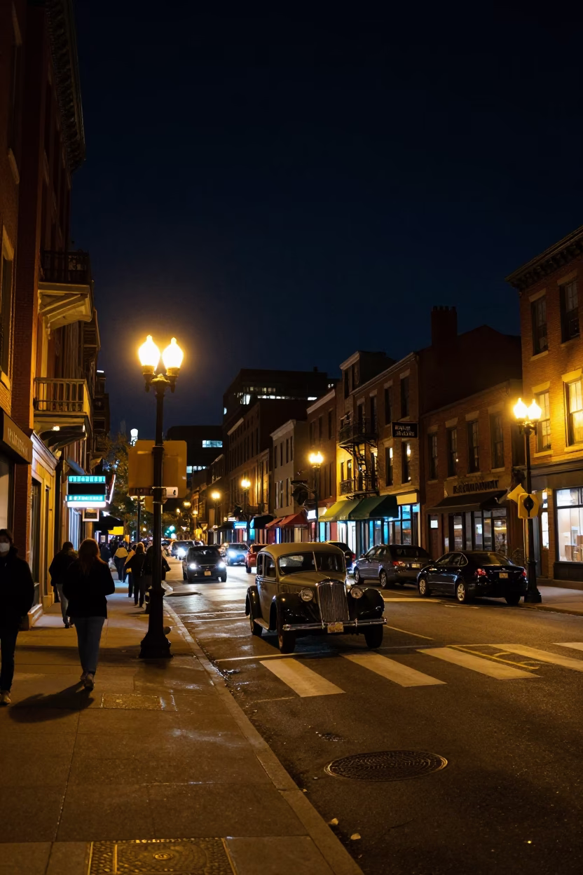 Nighttime Boston Street Scene with Vintage Car and Glowing Storefronts in Massachusetts in in Boston, Massachusetts, United States
