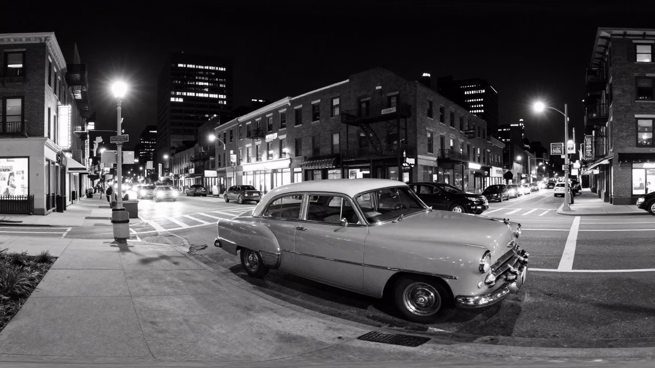Nighttime Boston Street Scene with Vintage Car and Neon Sign Reflections in in Boston, Massachusetts, United States