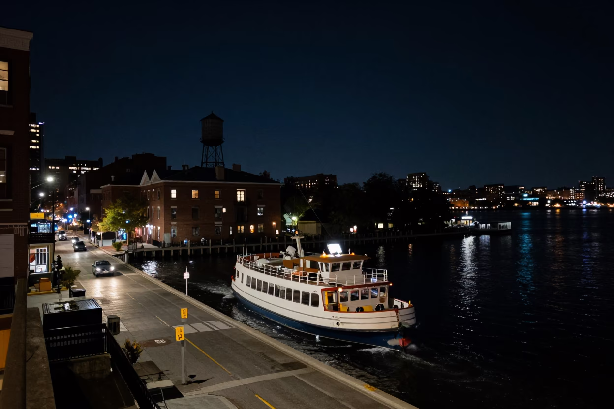 Nighttime Boston Street Scene with Water Taxi and Rooftop Water Tower in in Boston, Massachusetts, United States