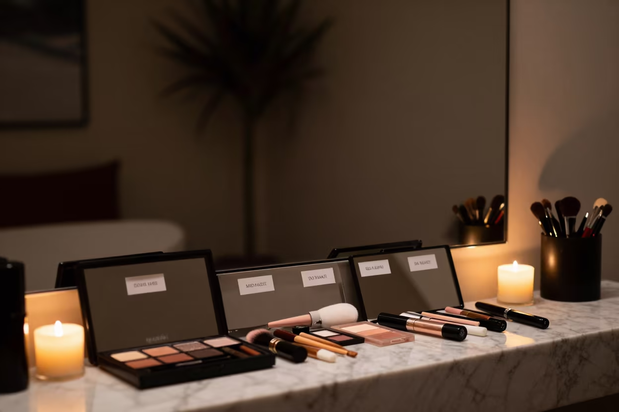 Nighttime Bridal Makeup Kits on Marble Vanity in at a salon reception counter in Da Nang