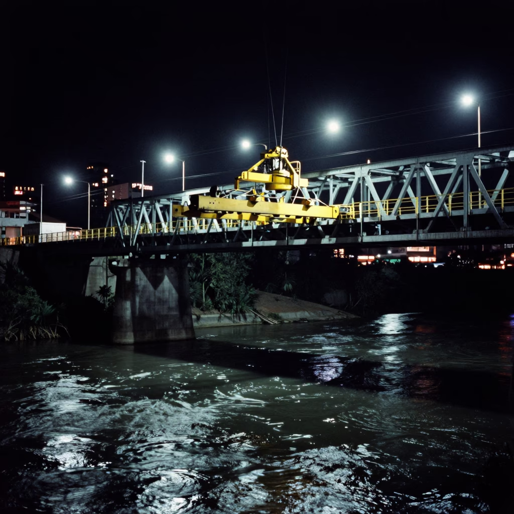 Nighttime Bridge Maintenance Cradle Over Medellín River with Urban City Lights Reflections in in Medellin, Colombia