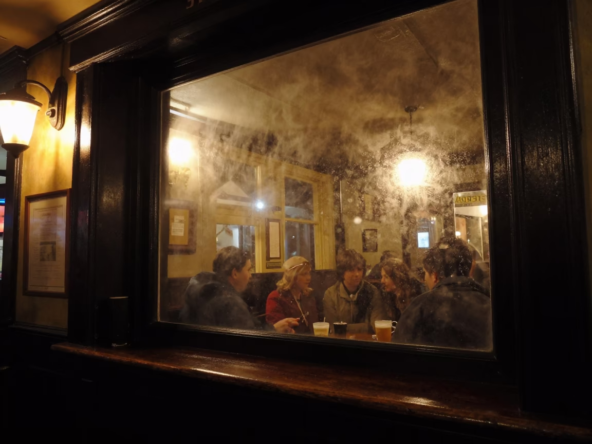 Nighttime Bristol Pub Interior with Steamy Window and Vintage Decor in in Bristol, United Kingdom