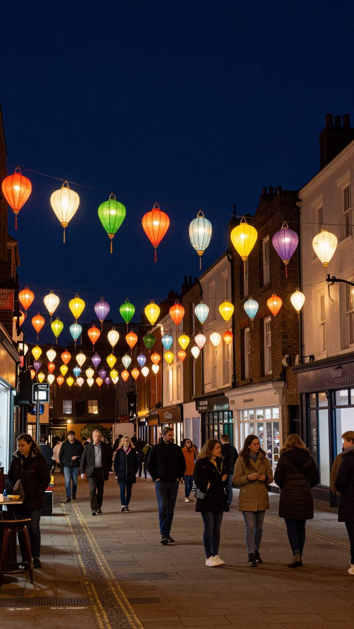 Nighttime Bristol Street Scene with Colorful Lanterns and Local Crowd in in Bristol, United Kingdom