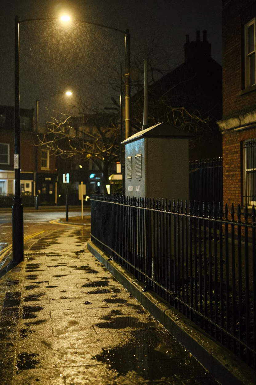 Nighttime Bristol Street Scene with Dewy Substation Fence and Warning Placards in in Bristol, United Kingdom