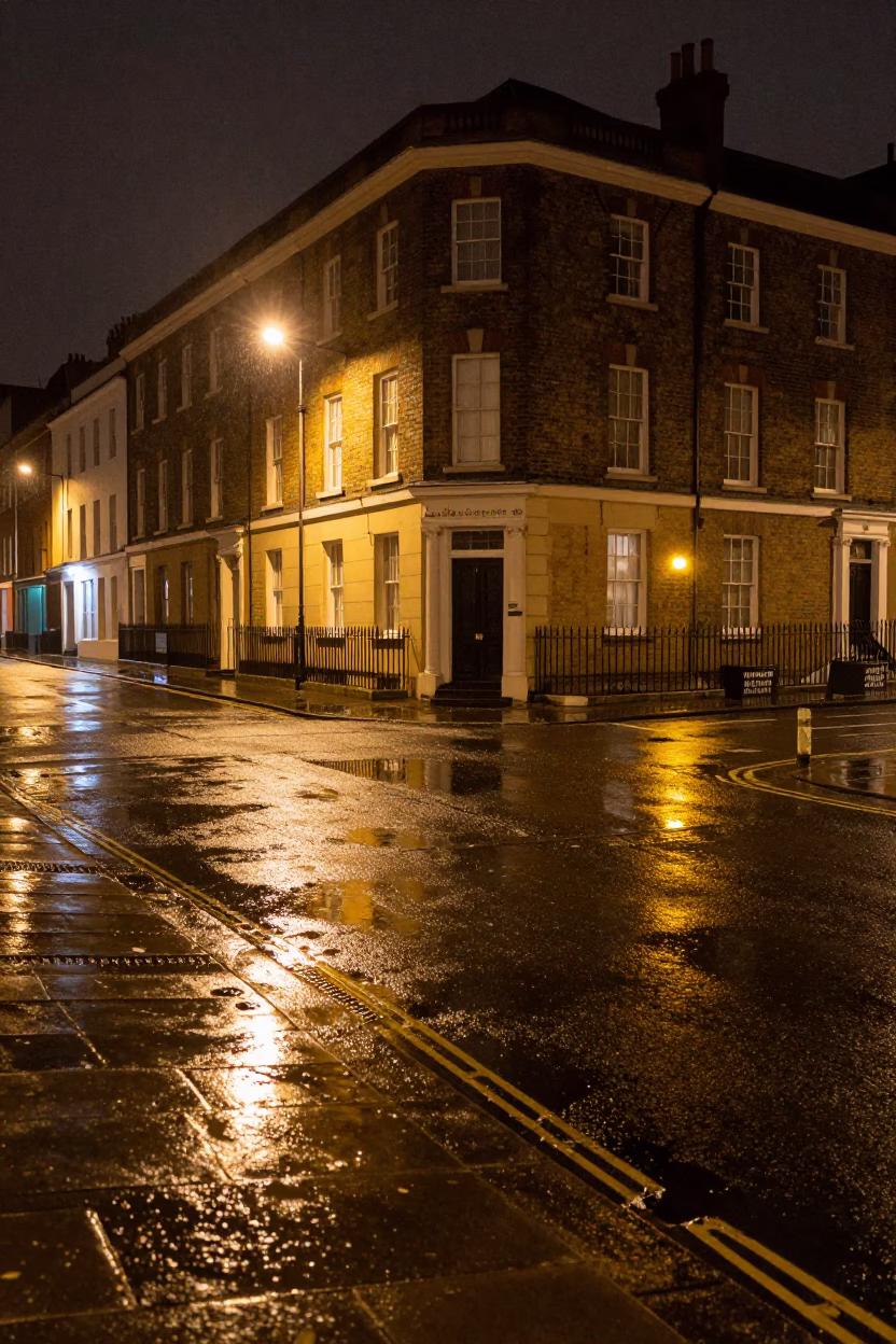 Nighttime Bristol Street Scene with Puddled Oil-Sheen Rainwater and Urban Infrastructure in in Bristol, United Kingdom