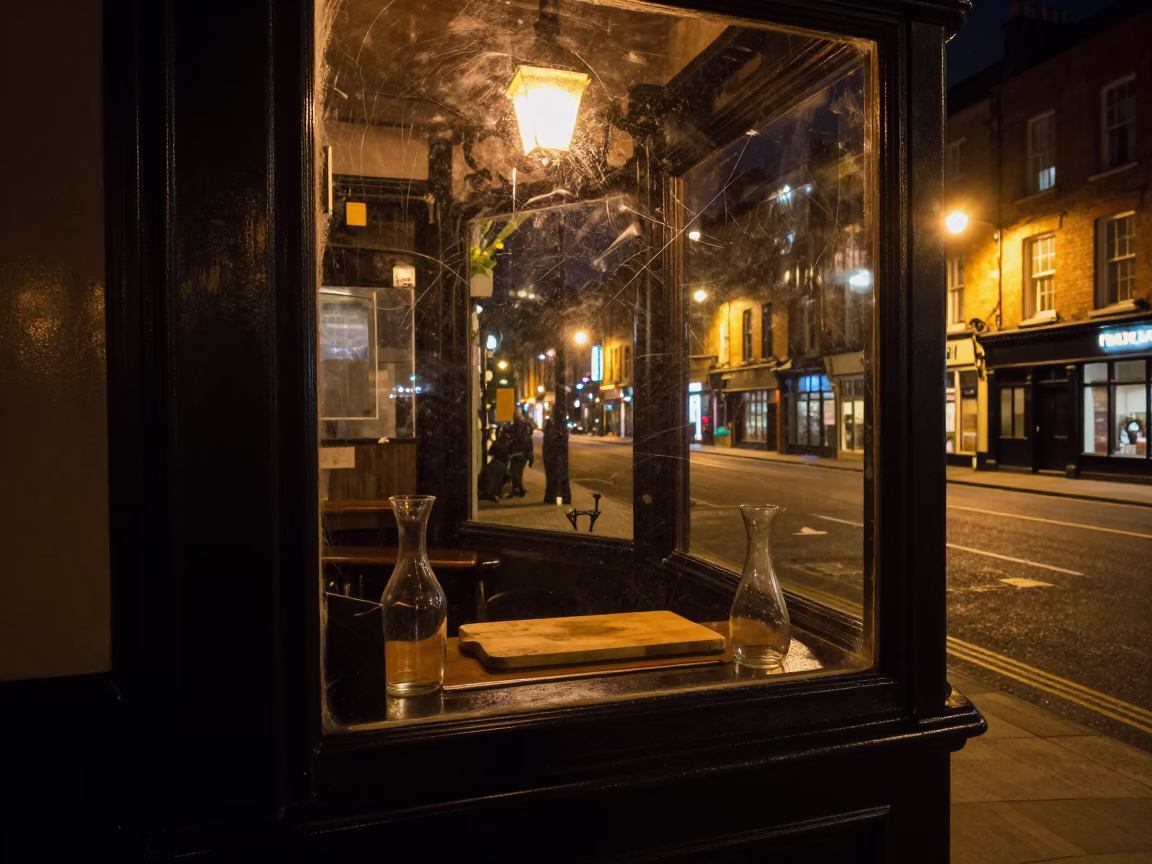 Nighttime Bristol Street Scene with Scratched Window Glass and Vintage Urban Atmosphere in in Bristol, United Kingdom