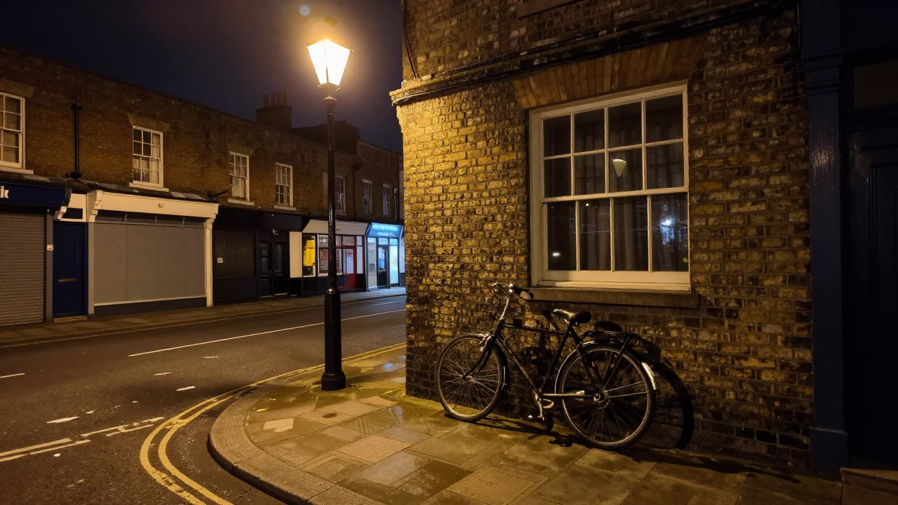 Nighttime Bristol Street Scene with Vintage Bicycle and Window Light on Stool Leg in in Bristol, United Kingdom