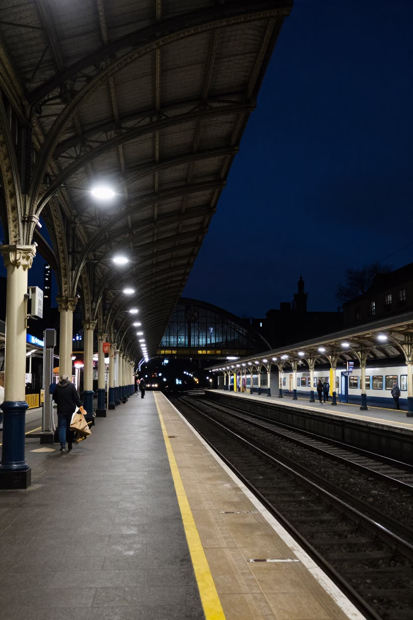 Nighttime Bristol Train Station Platform Under Iron Vaulted Roof With Clock And Commuters in in Bristol, United Kingdom