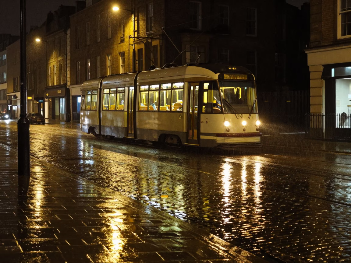 Nighttime Bristol Tram Reflection on Wet Cobblestone Street Rain in in Bristol, United Kingdom