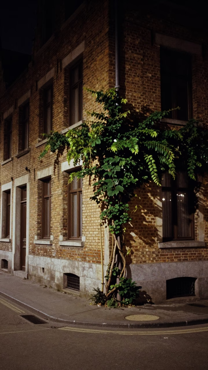 Nighttime Brussels Belgium Street Scene with Vine and Drain in in Brussels, Belgium