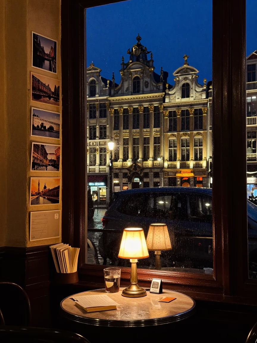 Nighttime Brussels Cafe Scene with Postcards and Table Lamps in in Brussels, Belgium