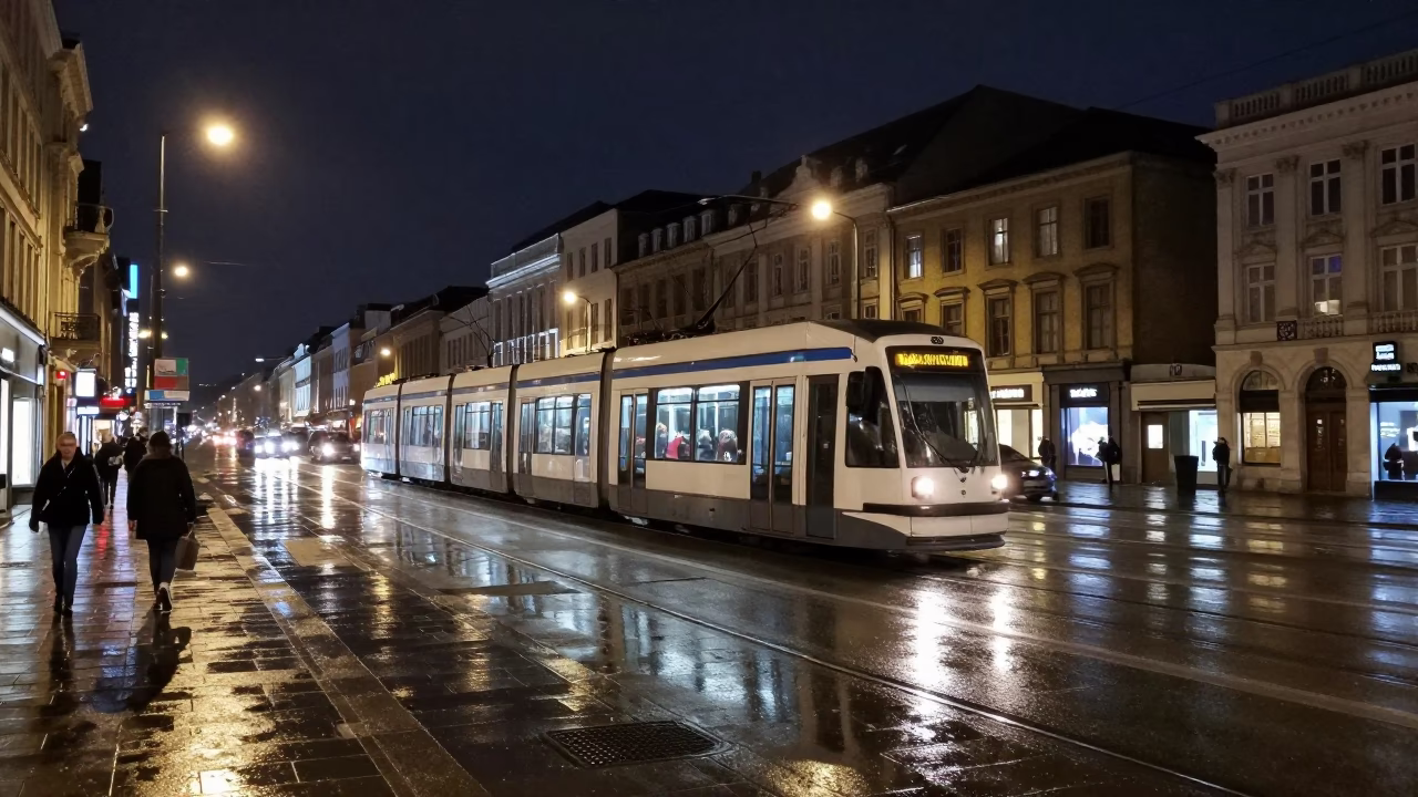 Nighttime Brussels Street Scene with Heritage Tram and Wet Cobblestones in in Brussels, Belgium