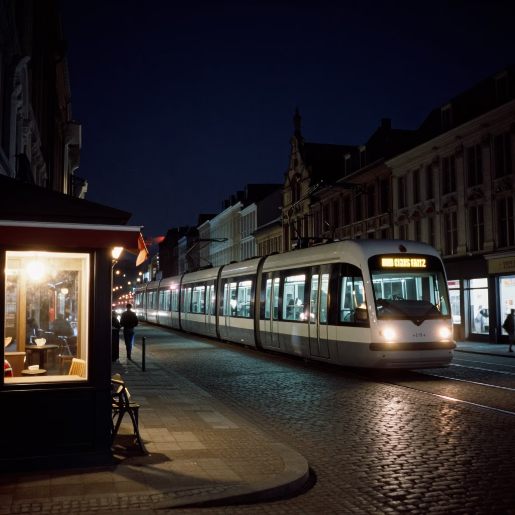 Nighttime Brussels Street Scene with Monorail and Local Cafe Interaction in in Brussels, Belgium