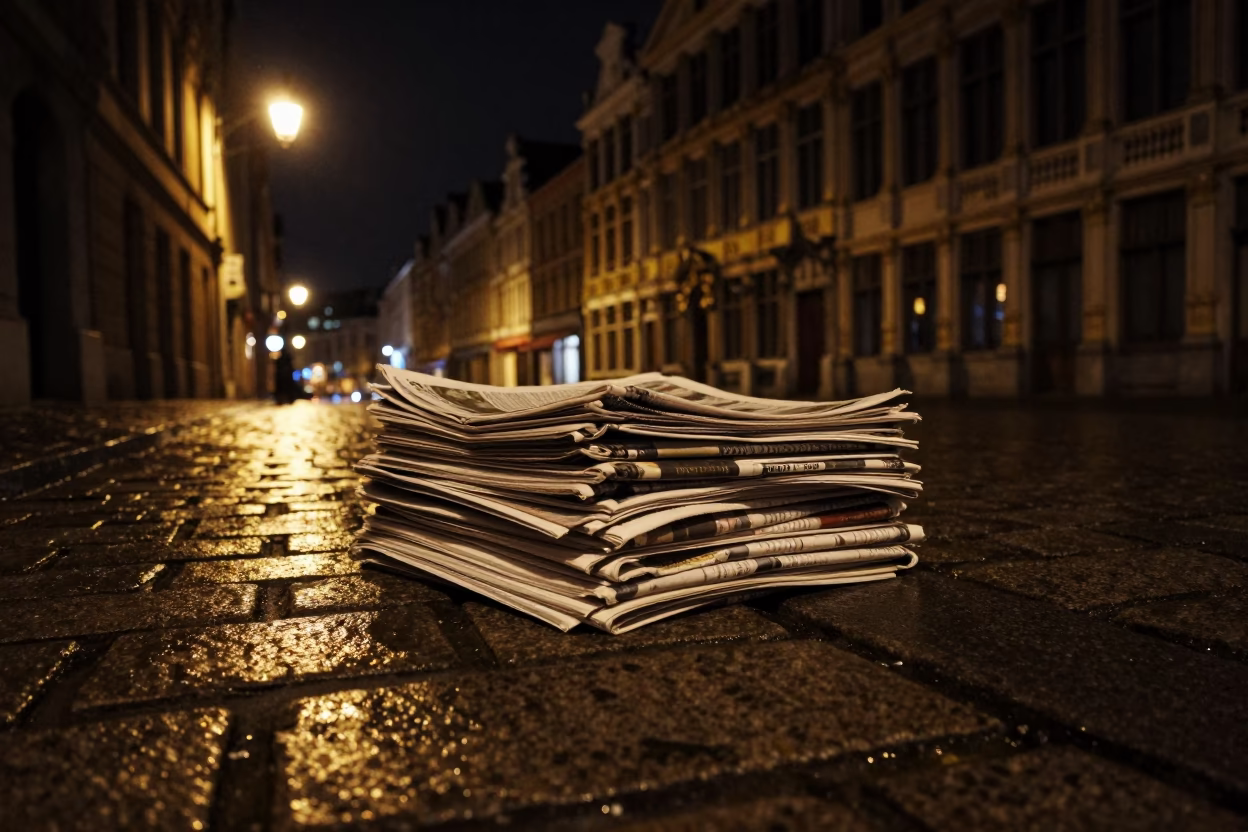 Nighttime Brussels Street Scene with Newspaper Stack and Vintage Railway Viaduct in in Brussels, Belgium