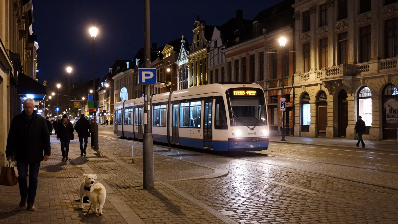Nighttime Brussels Street Scene with White Dog and Local Urban Details in in Brussels, Belgium