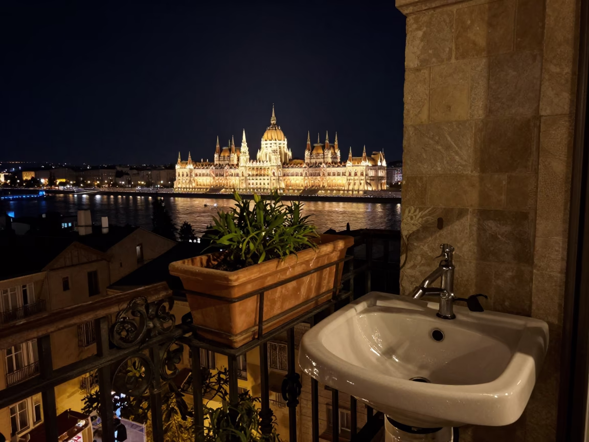 Nighttime Budapest Balcony with Flowerpot and Wash Basin Reflecting City Lights in in Budapest, Hungary