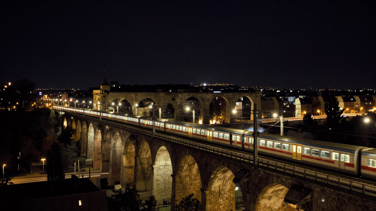 Nighttime Budapest Railway Viaduct with Passing Train and Urban Street Scene in in Budapest, Hungary
