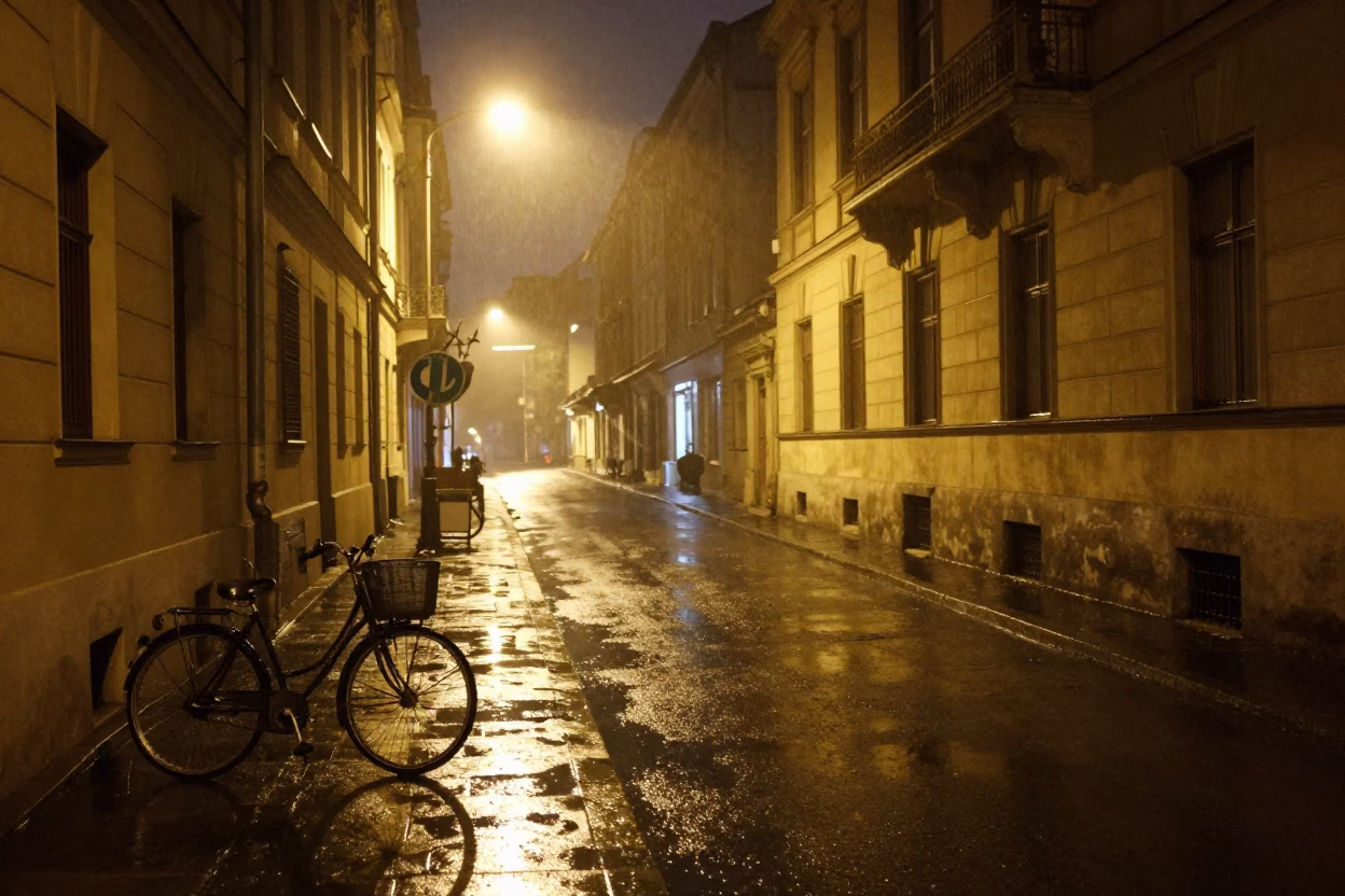 Nighttime Budapest Street Scene with Bicycle Basket and Rain-Slicked Cobblestones in in Budapest, Hungary