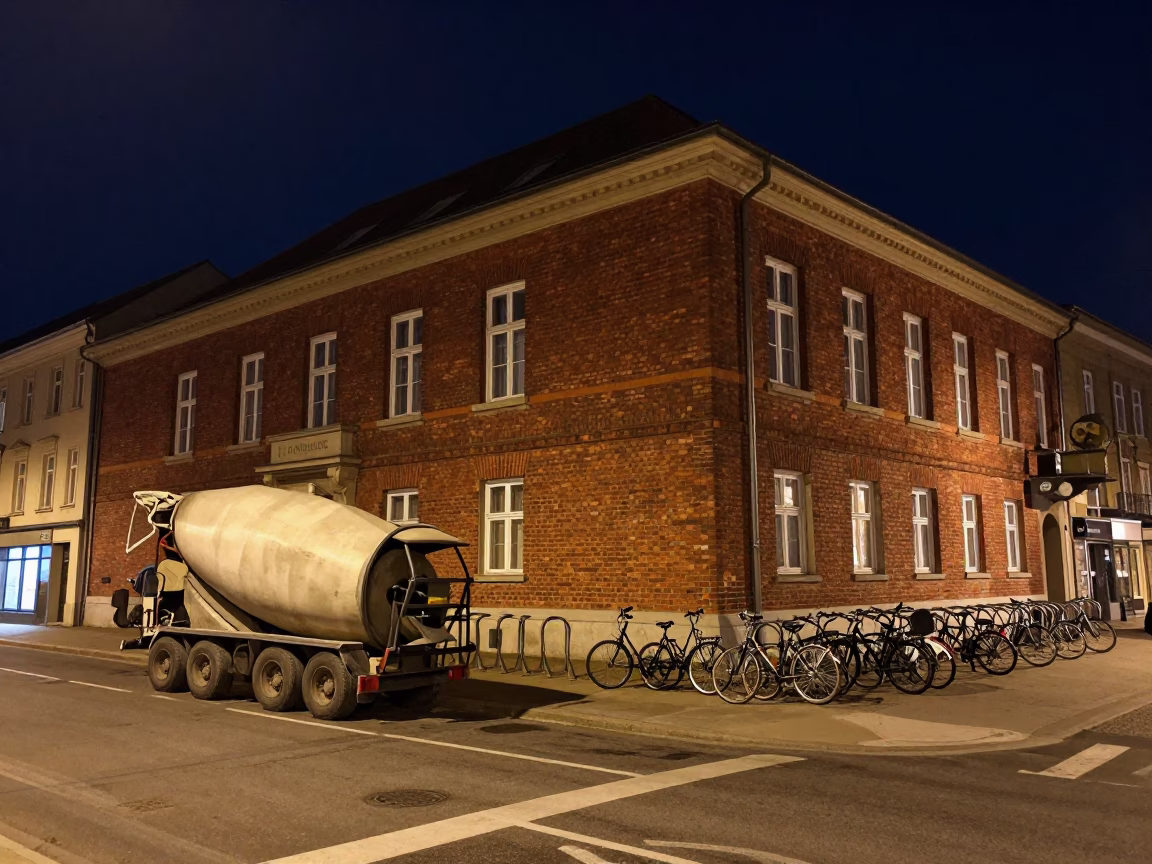 Nighttime Budapest Street Scene with Cement Mixer and Bicycle Rack in in Budapest, Hungary