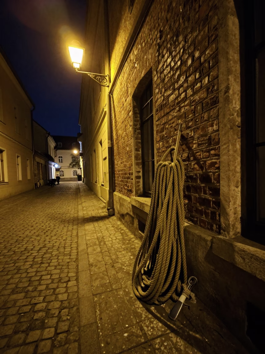 Nighttime Budapest Street Scene with Coiled Rope and Utensil Crock on Cobblestone in in Budapest, Hungary
