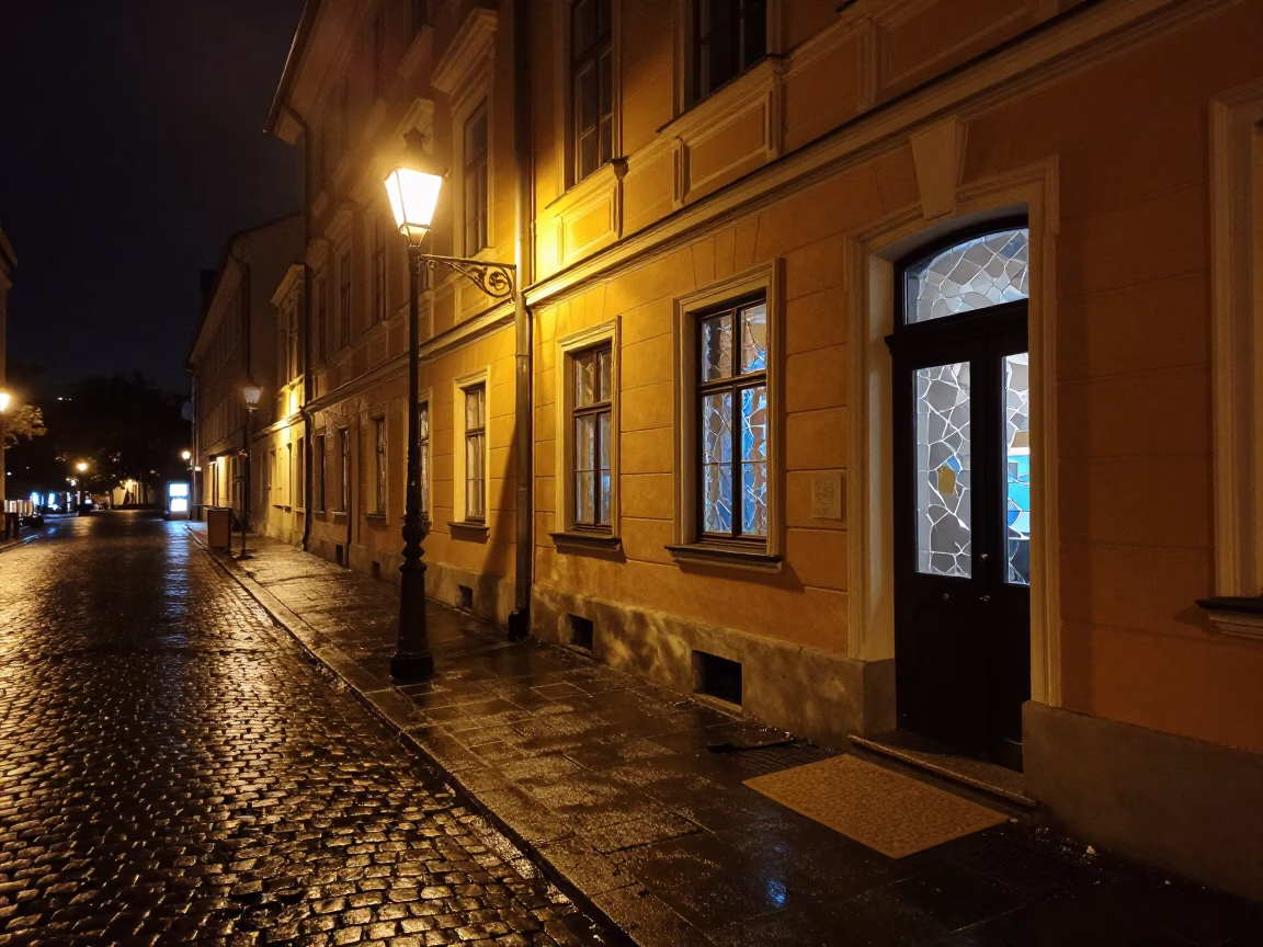Nighttime Budapest Street Scene with Faceted Glass and Terracotta Bowl in in Budapest, Hungary