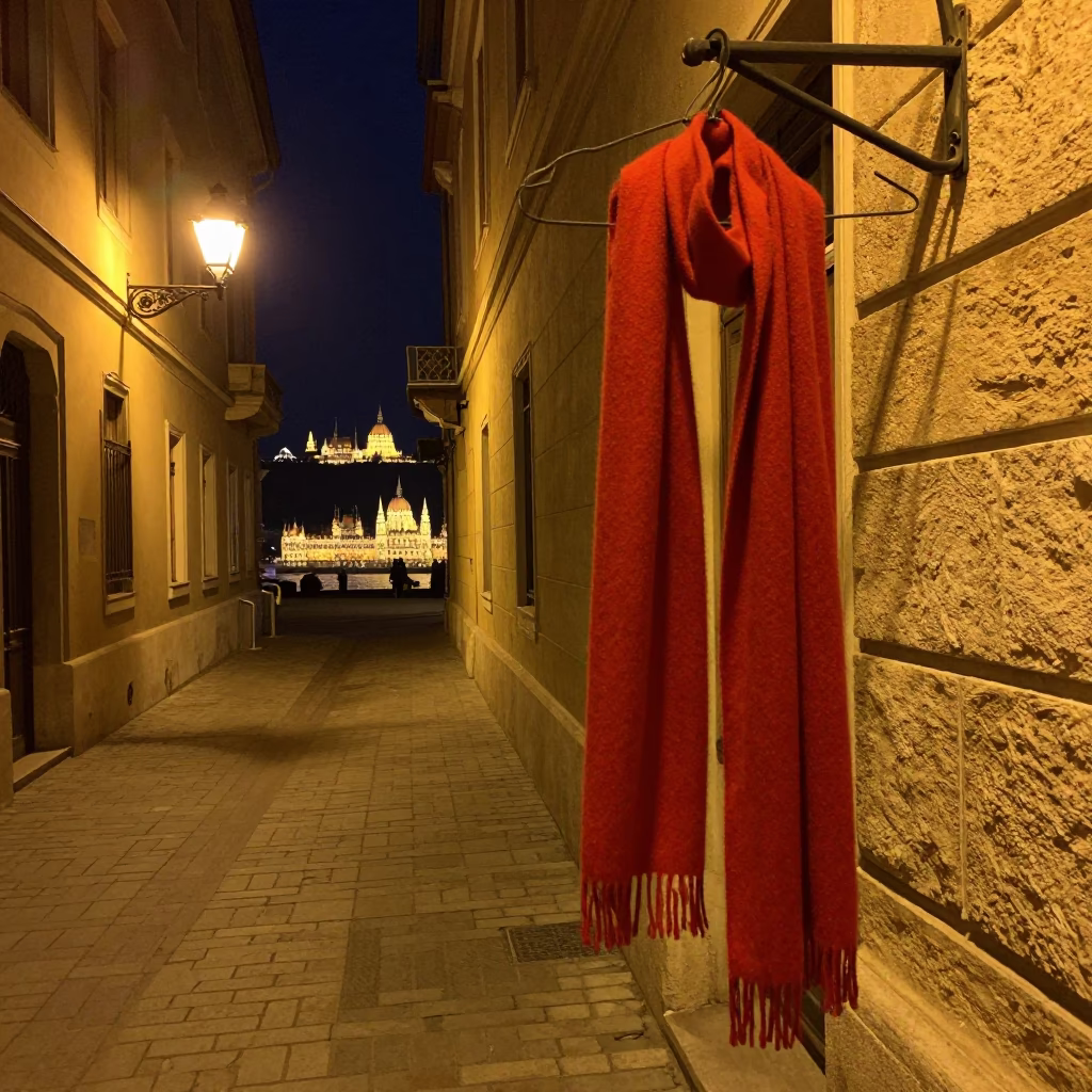 Nighttime Budapest Street Scene with Hanging Scarf and Distant Funicular View in in Budapest, Hungary