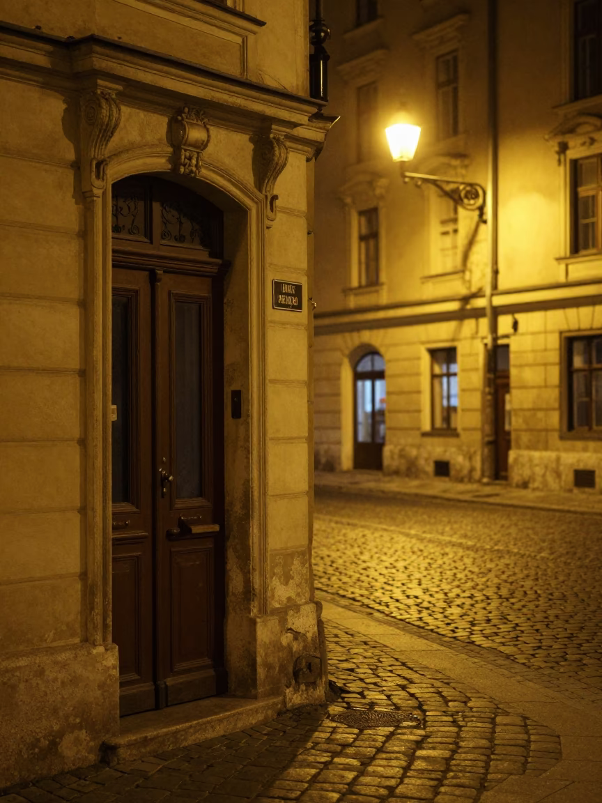 Nighttime Budapest Street Scene with Latch on Old Door and Colander in in Budapest, Hungary