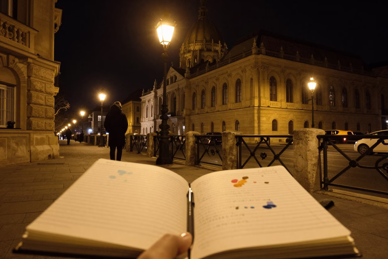 Nighttime Budapest Street Scene with Notebook and Paint Flecks on Rail in in Budapest, Hungary