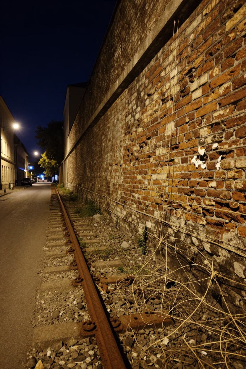 Nighttime Budapest Street Scene with Rusty Rail and Twine Fibers in in Budapest, Hungary