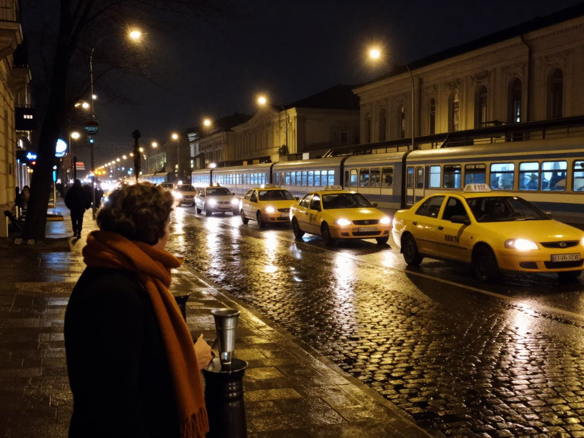 Nighttime Budapest Street Scene with Scarf and Carafe Near Railway Station in in Budapest, Hungary