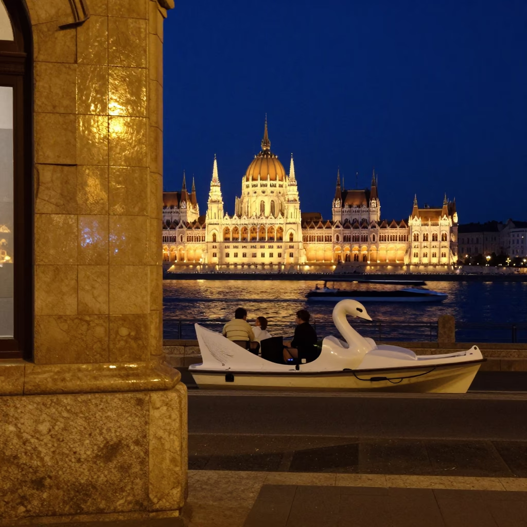 Nighttime Budapest Street Scene with Swan Pedal Boat and Brass Details in in Budapest, Hungary