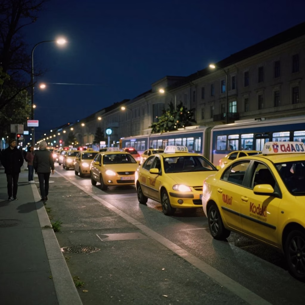 Nighttime Budapest Street Scene with Taxi Rank and Urban Life Under Deep Sky in in Budapest, Hungary