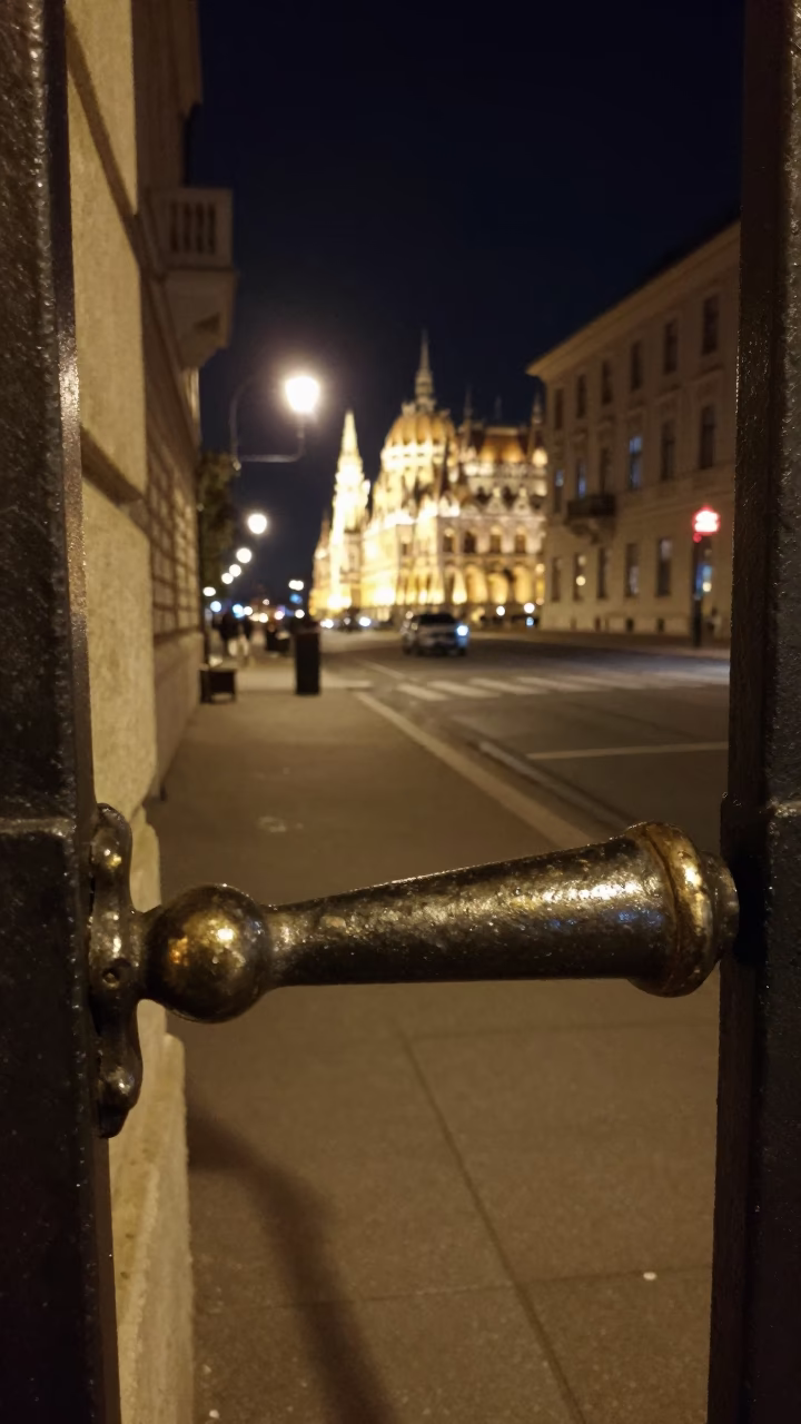 Nighttime Budapest Street Scene with Vintage Gate Handle and Urban Life in in Budapest, Hungary