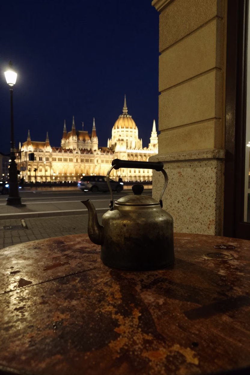 Nighttime Budapest Street Scene with Vintage Tea Kettle and Urban Architecture in in Budapest, Hungary