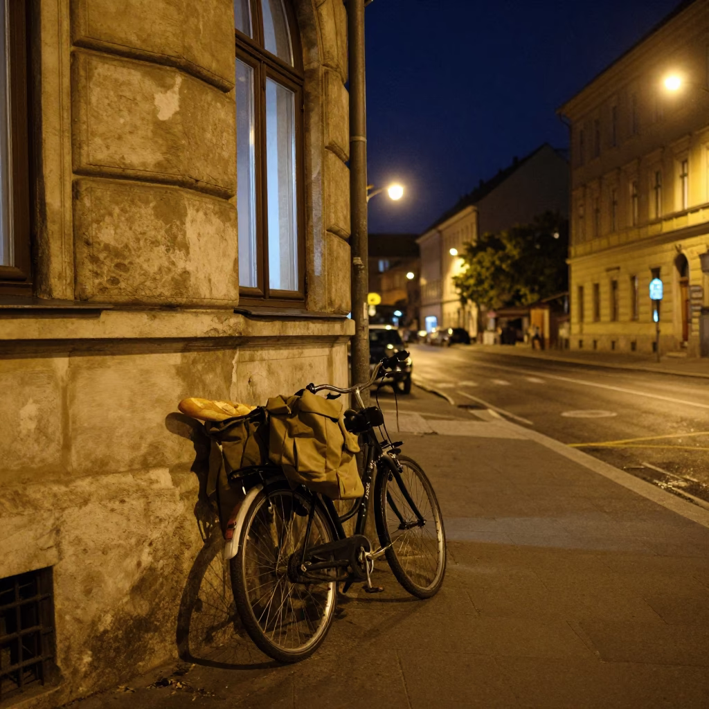 Nighttime Budapest Street Scene with Window Light and Bicycle Under Deep Sky in in Budapest, Hungary