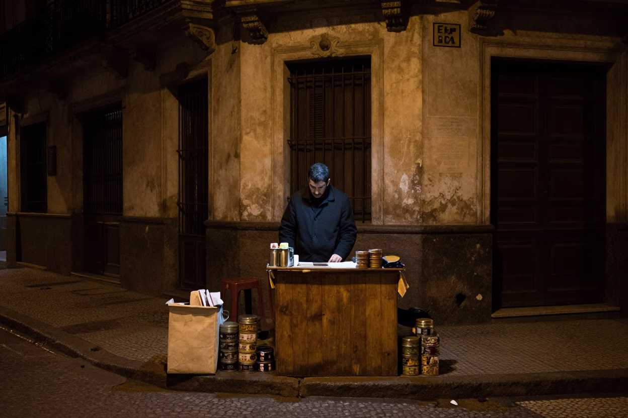 Nighttime Buenos Aires Street Corner with Shoebox and Spice Tins in in Buenos Aires, Argentina