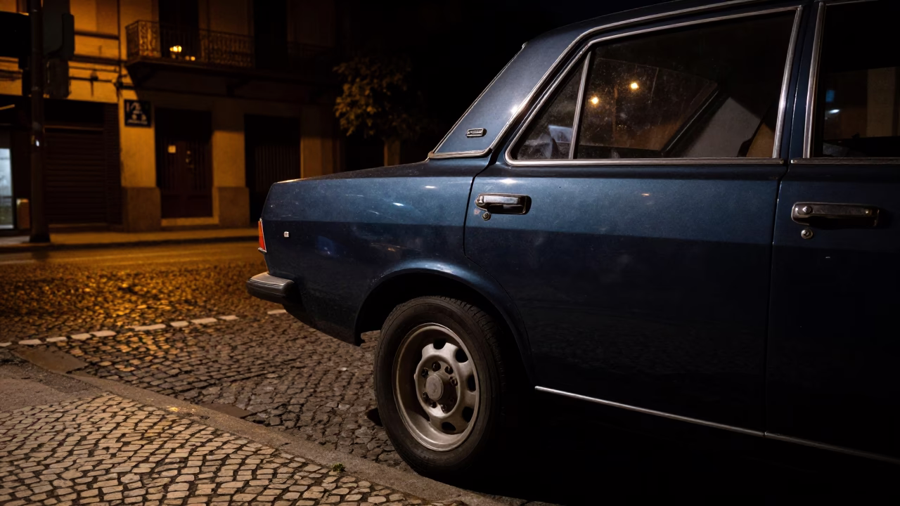 Nighttime Buenos Aires Street Corner with Vintage Car Door Handle and Local Urban Details in in Buenos Aires, Argentina