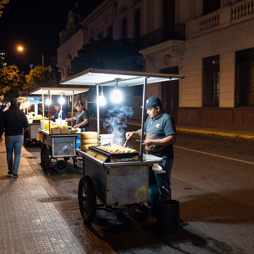 Nighttime Buenos Aires Street Scene with Local Food Vendors and Urban Architecture in in Buenos Aires, Argentina
