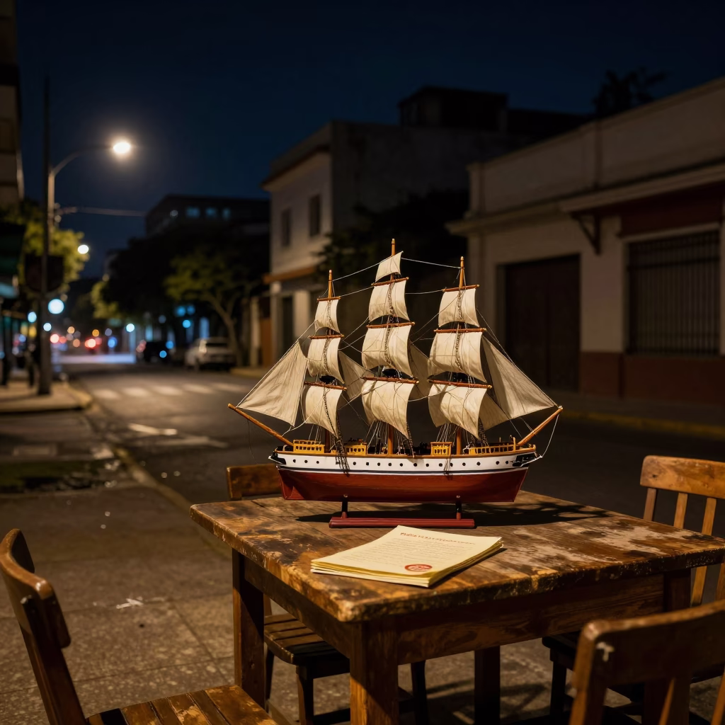 Nighttime Buenos Aires Street Scene with Model Ship and Recipe Tin in in Buenos Aires, Argentina