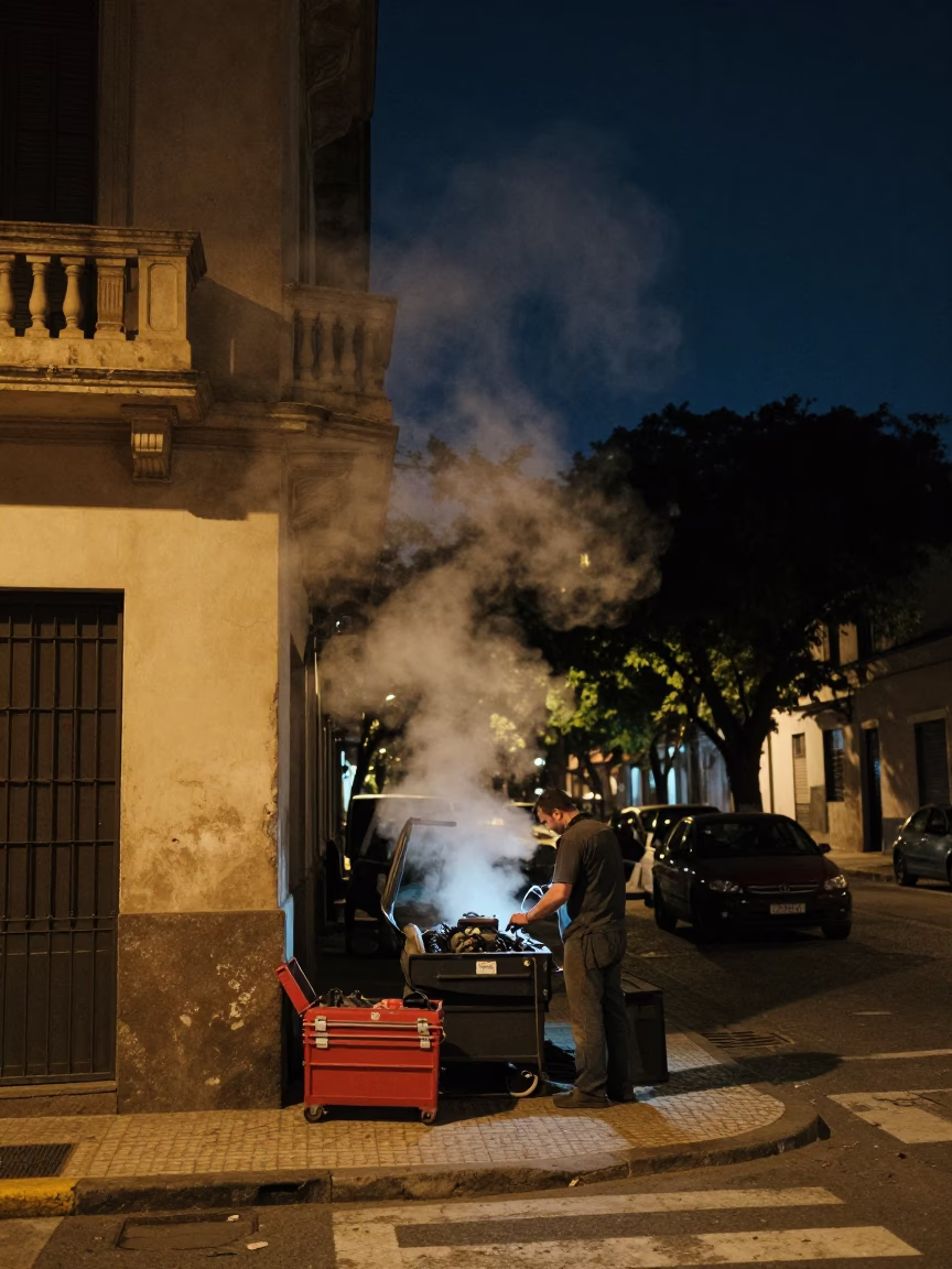 Nighttime Buenos Aires Street Scene with Toolbox and Steam Haze in in Buenos Aires, Argentina